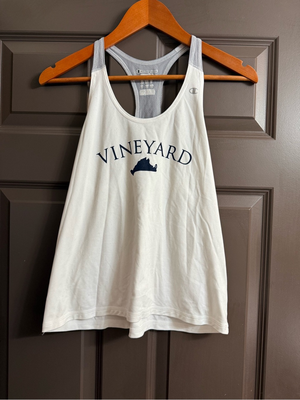 Champion White Racerback Tank with Navy Vineyard Graphic